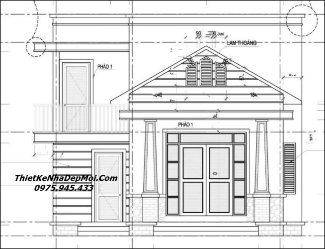 Bản vẽ nhà 1 tầng có gác xếp chữ L 3 phòng ngủ 