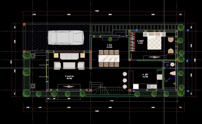 Bản vẽ nhà gác lửng chữ L 8x16 3 phòng ngủ 