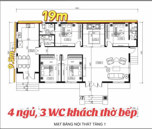 Mặt bằng nhà vườn 190m2 4 phòng ngủ 