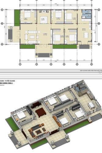 Thiết kế nhà 1 tầng bề ngang 20m bề sâu 8m 20x8m có 4 phòng ngủ 1 phòng thờ 