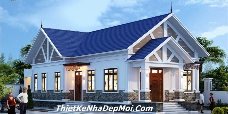 Bản vẽ nhà đẹp 1 tầng ở quê có 1 phòng thờ và 4 phòng ngủ đầy đủ