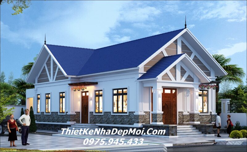 Bản vẽ nhà đẹp 1 tầng ở quê có 1 phòng thờ và 4 phòng ngủ đầy đủ 