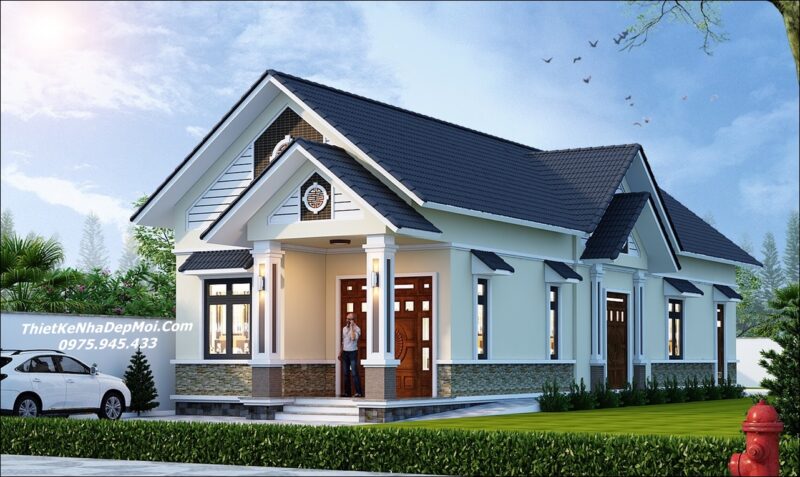 Bản vẽ xây nhà 1 tầng mặt tiền 6m 3 phòng ngủ 