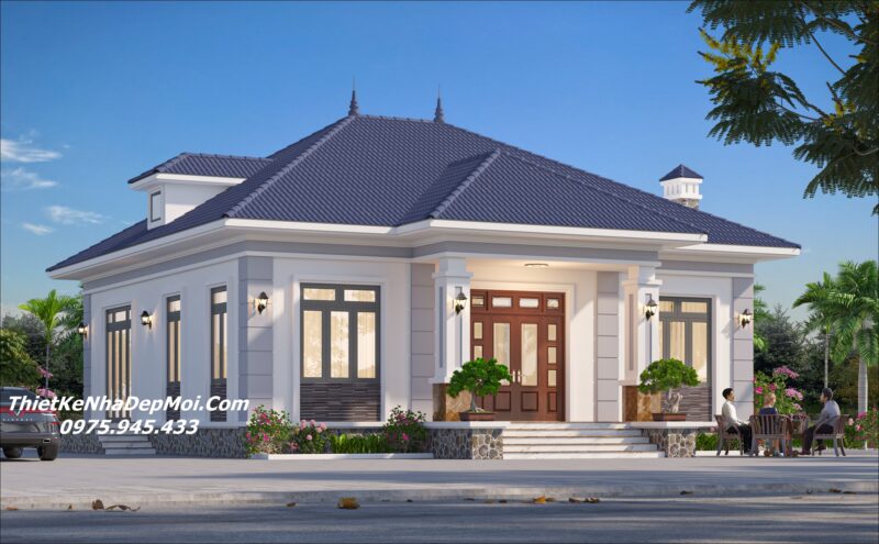 Bản vẽ nhà 3 gian 1 tầng mái nhật 1 phòng thờ 3 phòng ngủ 150m2 