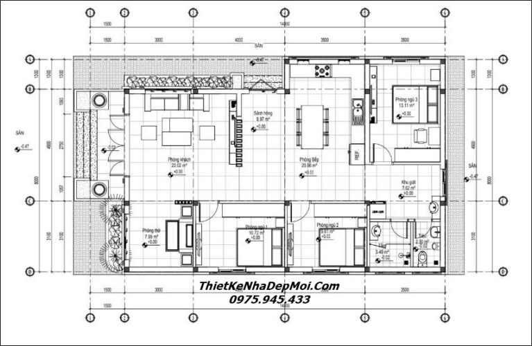 Bản vẽ file cad nhà vườn 1 tầng mái thái 3 phòng ngủ 1 phòng thờ 