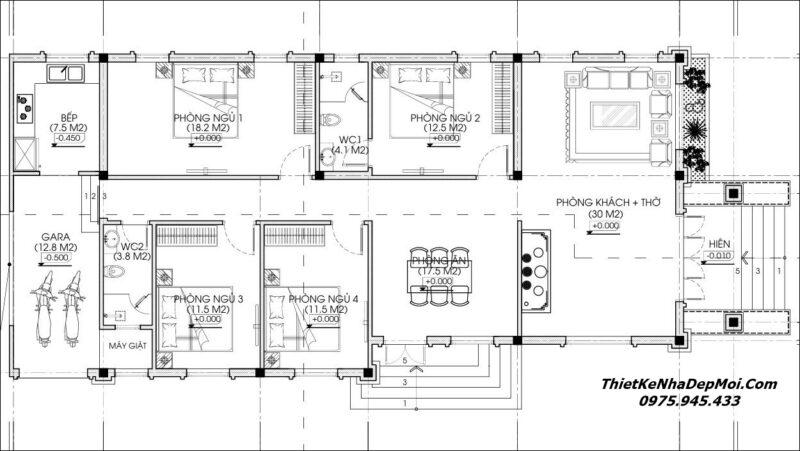 Bản vẽ xây nhà trệt má thái 4 phòng ngủ hoàn chỉnh đầy đủ phong thuỷ 