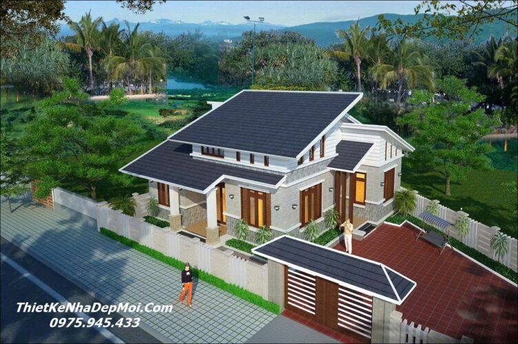 Kiểu nhà ngang cấp 4 có tầng gác lửng đơn giản hiện đại ông Sơn Mẫu thiết kế nhà trên đất hình thang có gác lửng 3 phòng ngủ