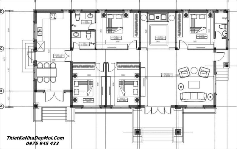 Bản vẽ nhà vườn trệt 4 phòng ngủ mái Nhật 
