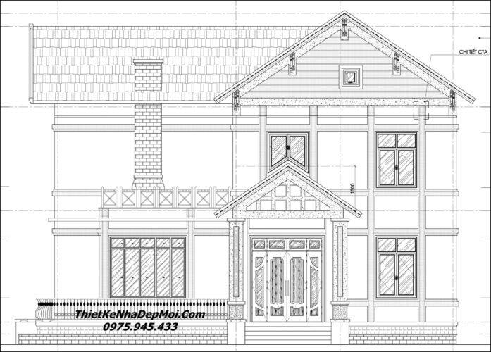 Bản vẽ biệt thự ngang 2 tầng mái thái 4 phòng ngủ ở nông thôn