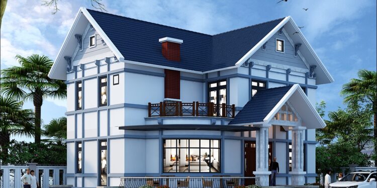 Mẫu biệt thự nhà vườn đẹp ở nông thôn nóc mái thái lợp ngói 4 phòng ngủ 140m2
