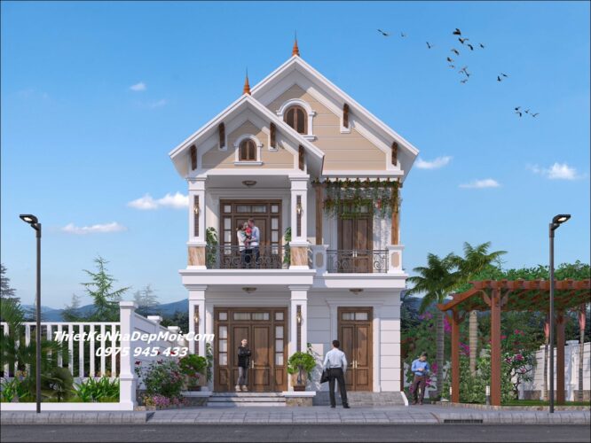 Bản vẽ cad nhà mặt tiền 8m 2 tầng kiến trúc biệt thự mini 4 phòng ngủ ở quê phố hay nông thôn