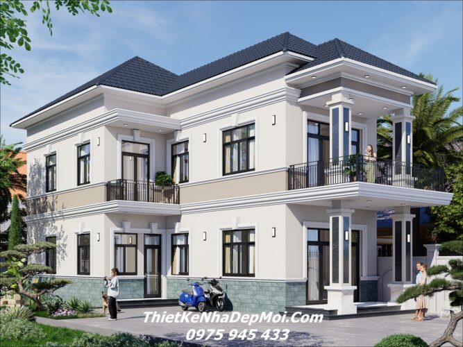 Mẫu nhà mặt tiền 10m 2 tầng hình chữ L mái Nhật 4 phòng ngủ 1 phòng thờ xu hướng 2027 