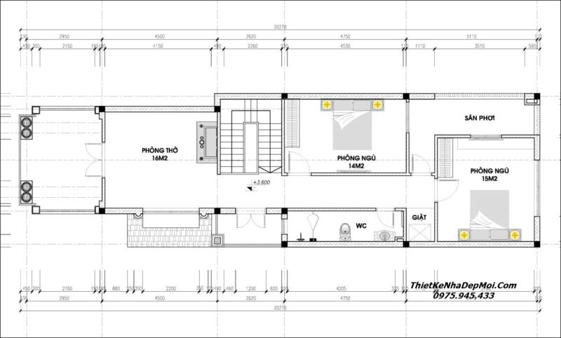 Bản vẽ nhà mái thái hai tầng chữ L 6x20m 