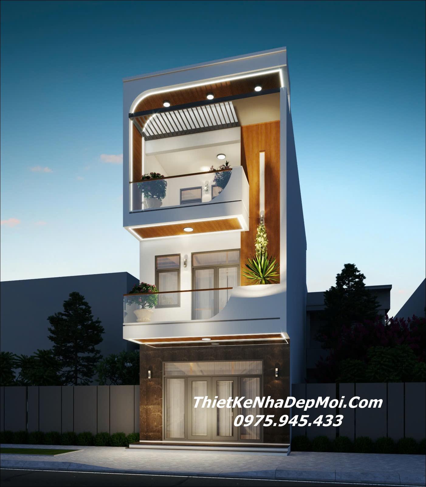 Mẫu thiết kế nhà mặt tiền 5.5m hiện đại 3 tầng tối giản anh Long