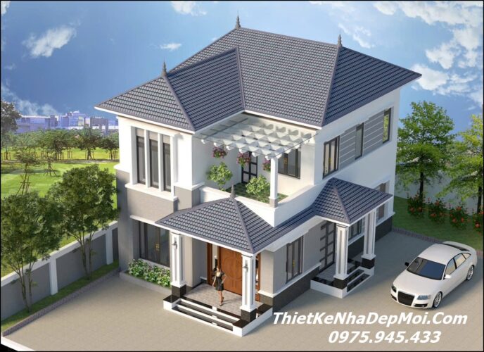 Bản vẽ xây nhà một trệt một lầu có 5 phòng ngủ mái Nhật anh Phúc Nhà 2 tầng mái nhật ở nông thôn đơn giản có 2 phòng ngủ ở tầng 1