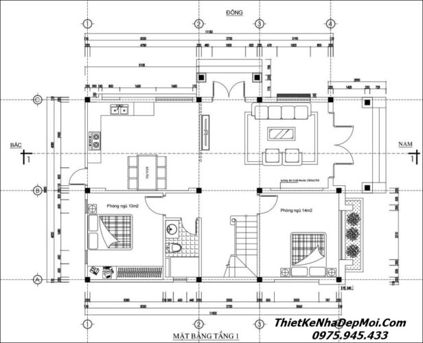 Bản vẽ nhà 2 tầng mái nhật 4 phòng ngủ 1 phòng thờ nông thôn diện tích 90m2