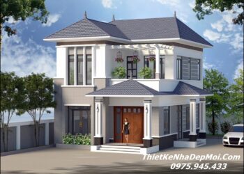 Bản vẽ nhà mái ngói 2 tầng 4 phòng ngủ 90m2 xây ở quê nông thôn Bản vẽ nhà vườn 2 tầng mái ngói 4 phòng ngủ ở quê có sân thượng mái Nhật đơn giản 90m2 diện tích 8x11m