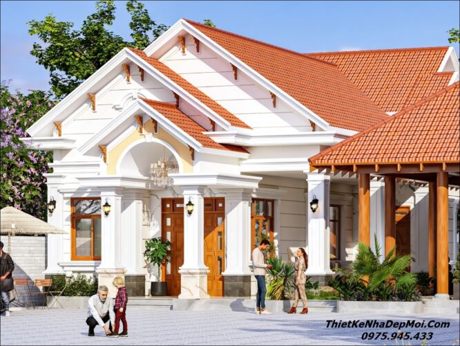 Mẫu nhà vườn cấp 4 mái ngói đỏ đẹp tân cổ điển 