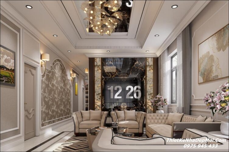 Mẫu thiết kế nội thất nhà mái Nhật đẹp vợ chồng anh Hoàng chị Hiền Mẫu phòng khách nhà mái nhật đẹp 1 tầng 8x20m = 160m2 tân cổ điển