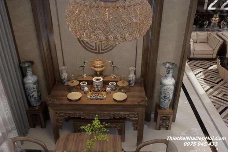 Mẫu thiết kế nội thất nhà mái Nhật đẹp vợ chồng anh Hoàng chị Hiền Diện tích nhà 1 tầng mái nhật 8x20m thiết kế phòng thờ ra sao