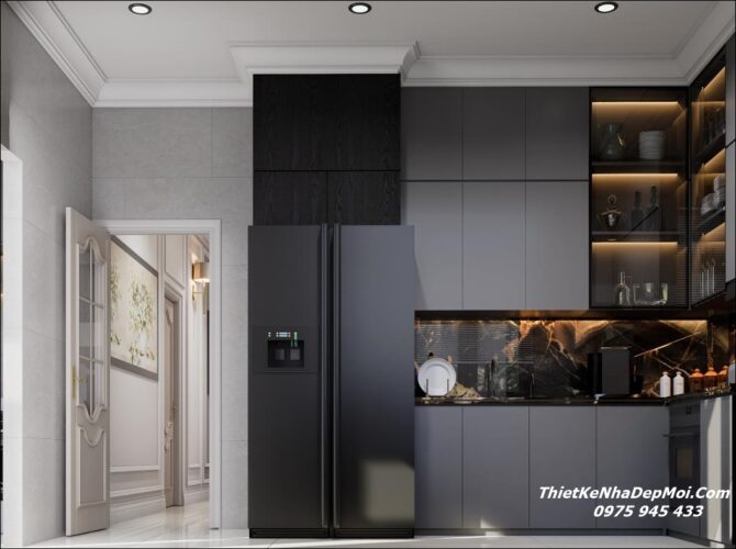 Mẫu thiết kế nội thất nhà mái Nhật đẹp vợ chồng anh Hoàng chị Hiền Nội thất phòng bếp hình chữ L nhà mái nhật 1 tầng 8x20m