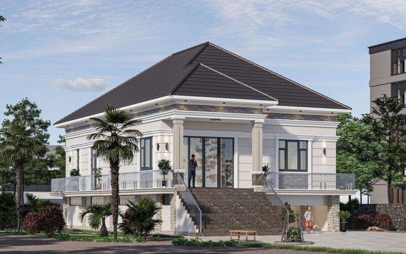 Mẫu nhà 1 trệt 1 bán hầm rộng 10x12m mái nhật