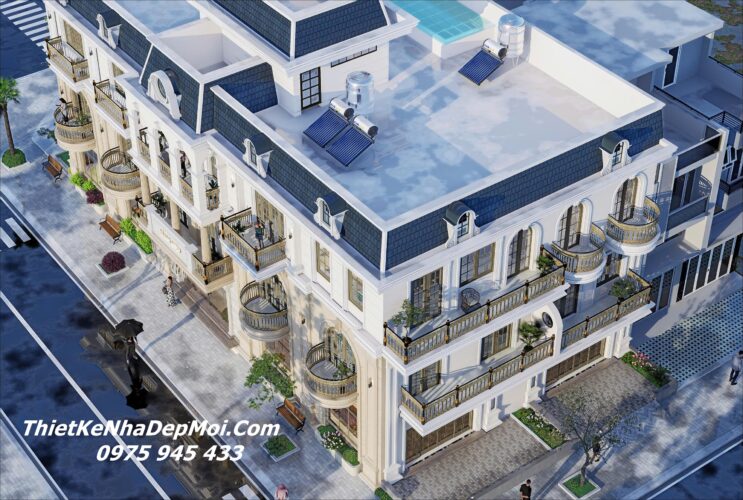Hình ảnh nhà biệt thự liền kề kiểu Shophouse phong cách cổ điển kiến trúc PHÁP đẹp tại Việt Nam có 3 mặt tiền 