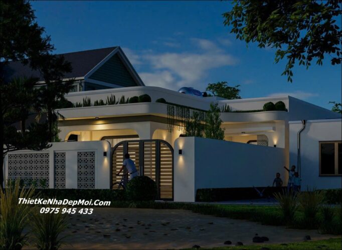 Phối cảnh view đêm mẫu nhà 1 trệt 1 sân thượng đẹp hình chữ L mái bằng 3 phòng ngủ 