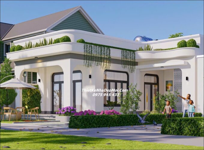 Phối cảnh nhà trệt chữ L mái bằng hiện đại 