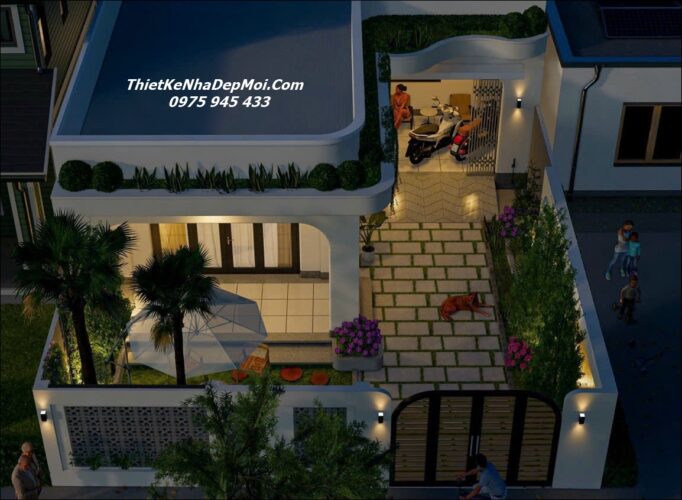 Mẫu nhà vườn 1 tầng hiện đại ở thôn quê diện tích 130m2 có 3 phòng ngủ kiểu hình chữ L mái bằng phong thuỷ hướng Đông Nam nghỉ dưỡng cho 2 vợ chồng trẻ năm 2025 - 2026