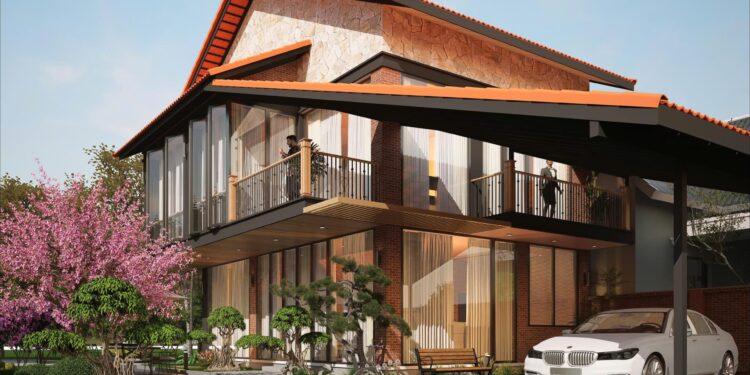 Thiết kế nhà 2 tầng theo phong thuỷ 2026 mái ngói đỏ truyền thống đẹp