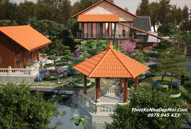 Mẫu nhà truyền thống mái ngói đỏ đẹp 2 tầng nông thôn 