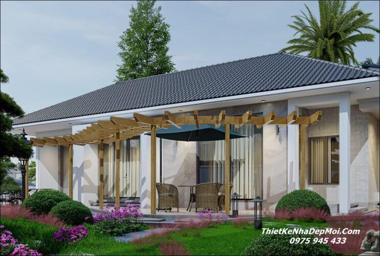 Mẫu nhà cấp 4 mái Nhật có dàn dây hoa leo 