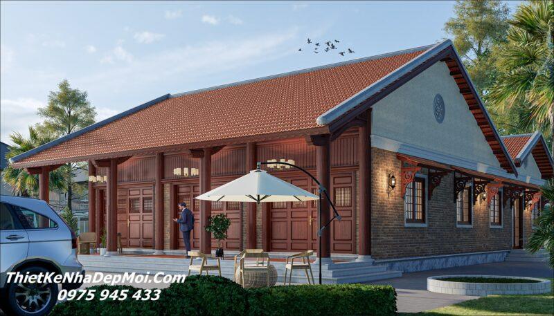 Mẫu nhà gỗ 3 gian mái ngói 1 tầng 180m2 ở quê chị Kiều Nhà gỗ ba gian truyền thống