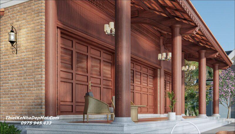 Mẫu nhà gỗ 3 gian mái ngói 1 tầng 180m2 ở quê chị Kiều Hình ảnh thi công nhà gỗ 1 tầng ở quê