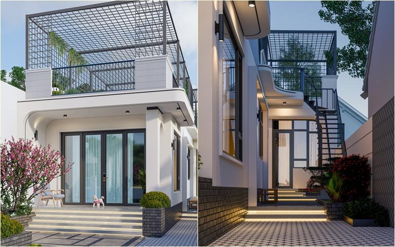 Kiểu nhà cấp 4 có cầu thang ngoài trời lối lên sân thượng trồng Rau xanh Nha cap 4 co cau thang ngoai