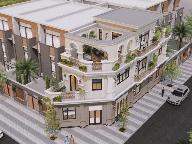 Mẫu thiết kế xây nhà căn góc phố tân cổ điển đẹp Phú Mẫu nhà phố 2 mặt tiền căn góc đẹp 1 trệt 2 lầu sân thượng 6x20m