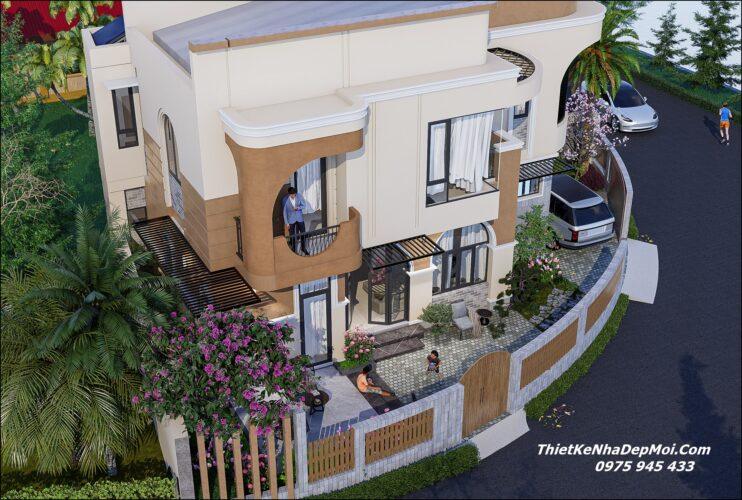 Mẫu thiết kế xây nhà căn góc phố tân cổ điển đẹp Phú Thiết kế căn nhà bị vát góc 2 tầng 2 mặt tiền phố