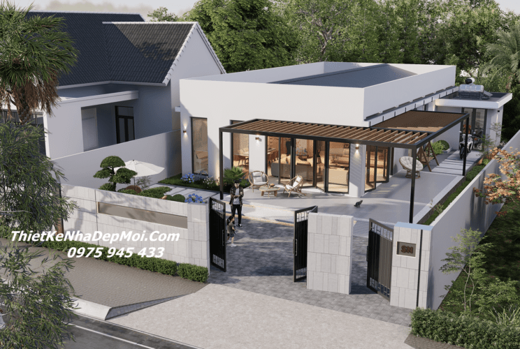 Kiểu nhà mái bằng 1 tầng lợp tôn 3 phòng ngủ 