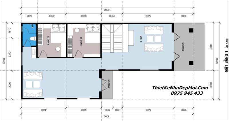 Mặt bằng nhà mái Nhật 2 tầng kiểu hình chữ L 8x18m 