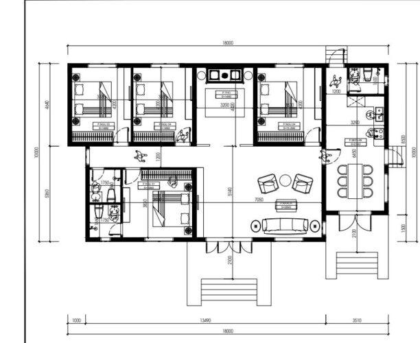 Thiết kế nhà cấp 4 4 phòng ngủ 18x12m 