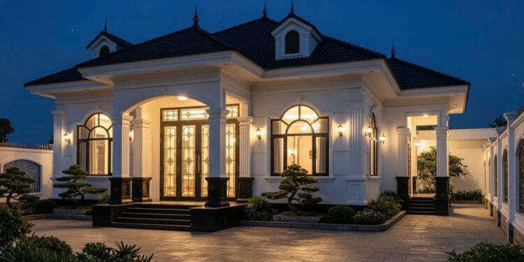 Mẫu nhà vườn 1 tầng mái Nhật 4 phòng ngủ đẹp 15x12m tân cổ điển