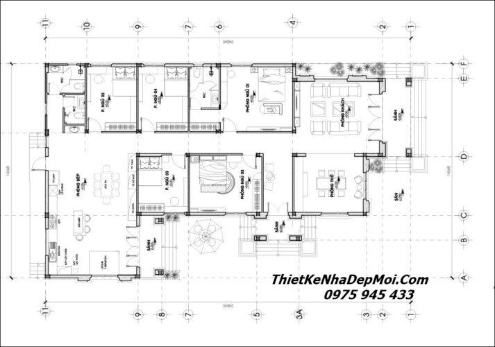 Mặt bằng biệt thự nhà vườn 1 tầng mái Nhật 5 phòng ngủ 