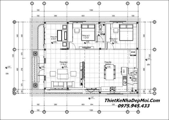 Thiết kế nhà nhỏ cấp 4 mái Thái 2 phòng ngủ đẹp 