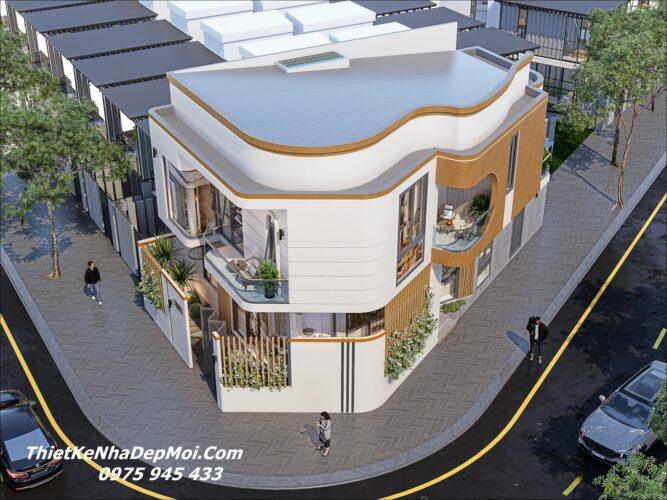 Mẫu nhà 2 tầng 120m2 thiết kế trên đất bị vát góc 2 mặt tiền 