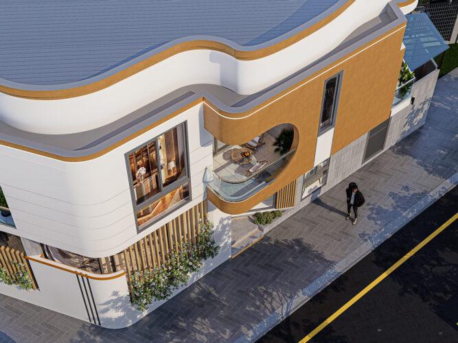 Ngoại thất nhà 2 tầng hiện đại 2 mặt tiền lô phố bị vát góc