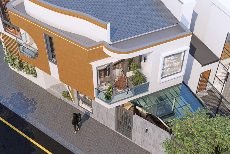 Thiết kế nhà phố căn góc 2 mặt tiền 2 tầng hiện đại 