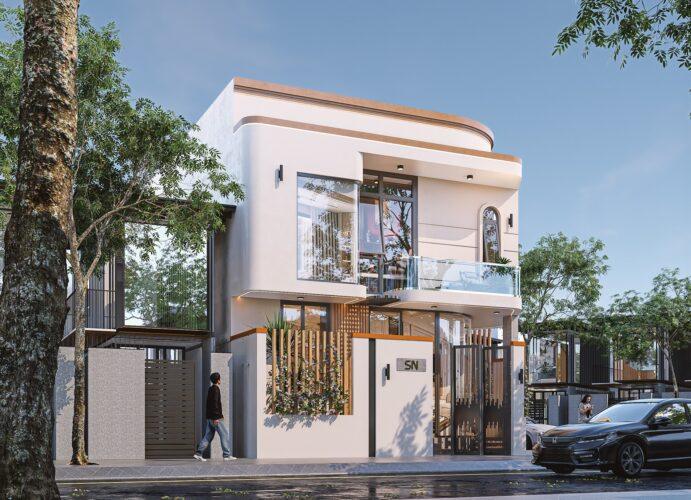 Nhà 2 mặt tiền lô góc đơn giản 2 tầng mái bằng 