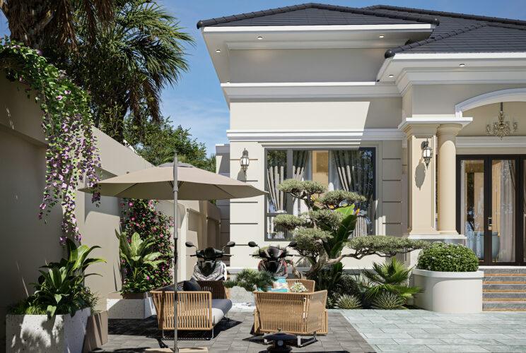Mẫu nhà cấp 4 mái Nhật 3 phòng ngủ 1 phòng thờ 120m2 Vợ chồng em Hường Huy Tiểu cảnh sân trước nhà cấp 4 sân vườn mái Nhật 8x15m