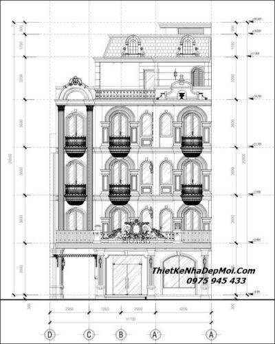 Thiết kế khách sạn 1 trệt 4 lầu sân thượng mặt tiền 12m 